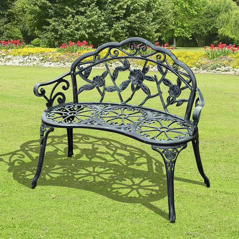 Antique Green Cast Aluminum Outdoor Bench with Floral Design