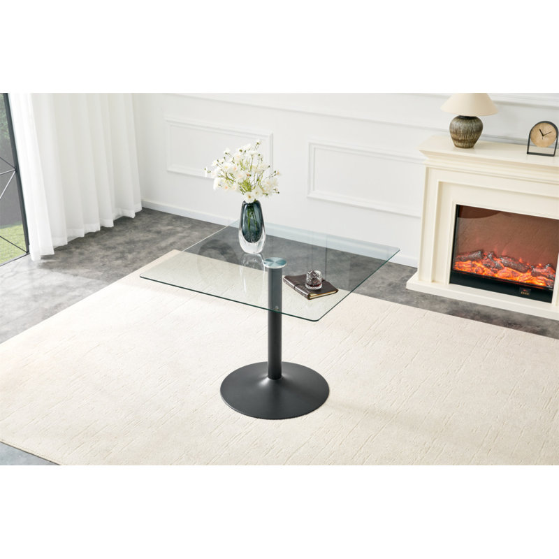 Table de salle à manger 38,5 pouces moderne minimaliste carrée en verre avec base en métal à une colonne. Disponible en noir, or ou argent. Table de salle à manger à domicile. Convient pour 2 à 4 personnes.