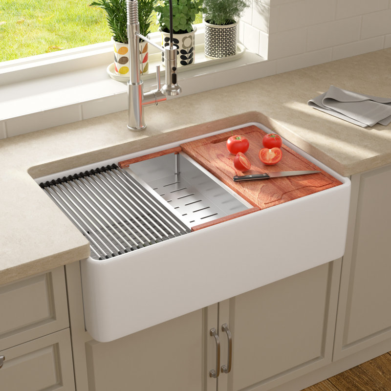 33"L x 20"W Farmhouse Kitchen Sink Deep Single Bowl Fireclay Workstation Sink with Cutting Board and Dish Drying Rack