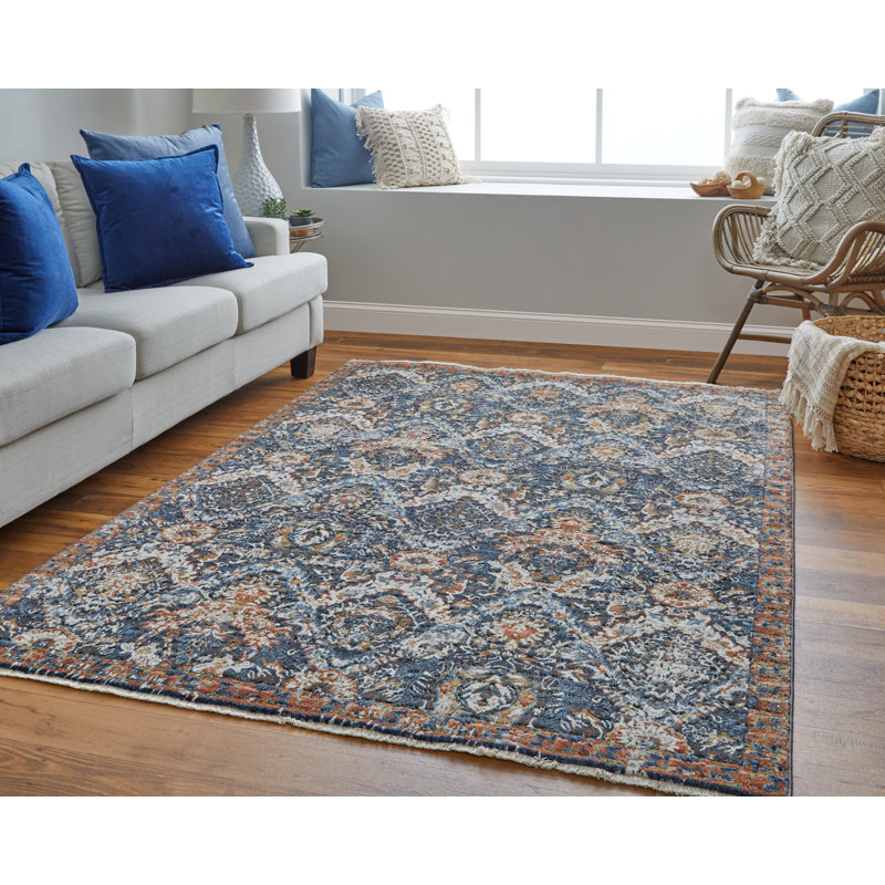 Tapis oriental bleu clair / gris chaud / ivoire Canalou, Rectangle 7 pi 10 po x 9 pi 6 po