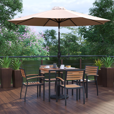 Abdiqani 35" Square Faux Teak Patio Table, 4 Chairs and 9FT Patio Umbrella with Base