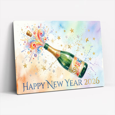 Tableau sur toile tendue « Bouteille de champagne scintillante » (Aquarelle) - Bonne année 2026 (1 pièce)