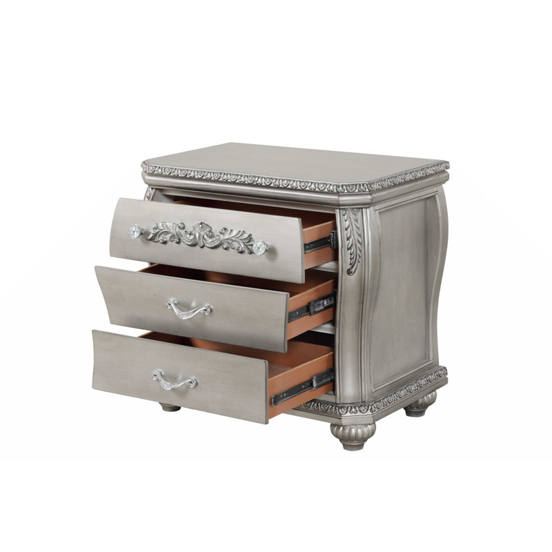 Silver Traditional 3-Drawer Night Stand with Metal Pulls