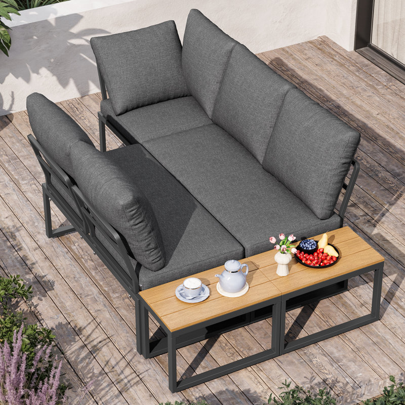 Modular Outdoor Sofa Set With Adjustable Chair & Two Plastic Wood Tables