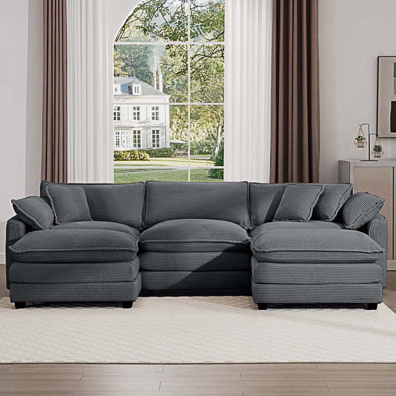 Canapé modulaire surdimensionné rembourré en U, Velours côtelé gris