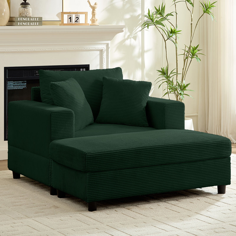 Ebern Designs Oversized Chaise Lounge Indoor, 50" Corduroy Sleeper Sofa Chair with Ottoman and 2 Cushions, Upholstered Comfy Deep Seat Sleeper Chaise Lounge Chair For Living Room, Bedroom