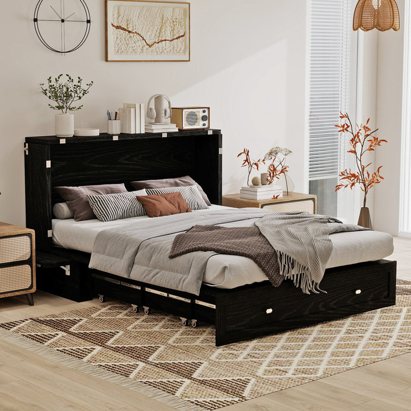 Queen Murphy Storage Bed With Storage Drawer, Black