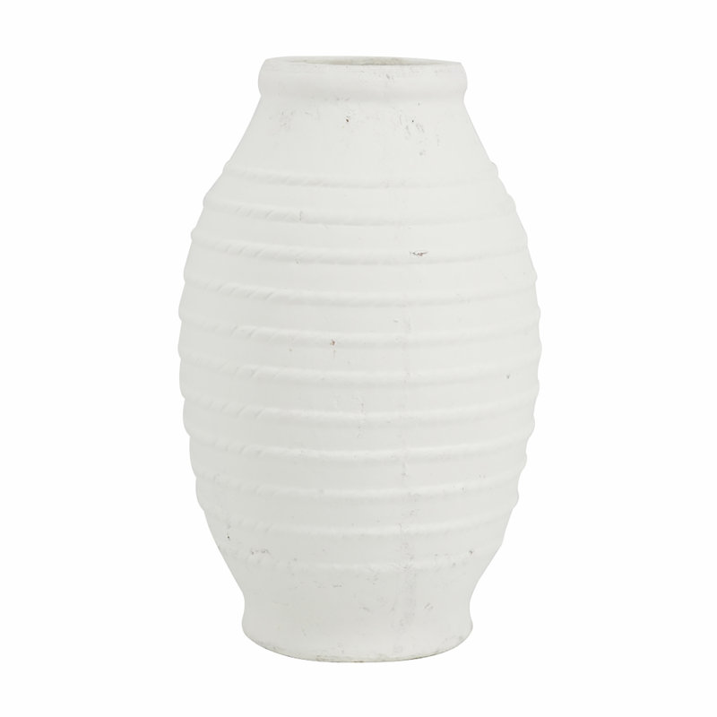 Round Terracotta Vase - Natural White Finish, 15.7" H x 9.4" W x 9.4" D