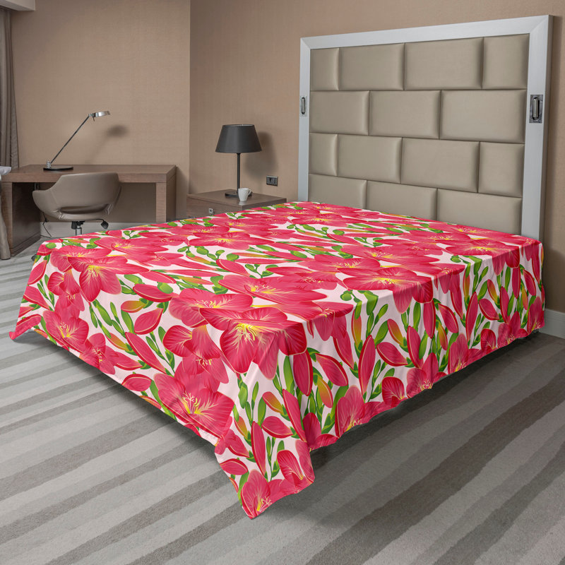 Drap de jardin Ambesonne, fleurs de freesia, corail foncé et vert lime, Drap plat pour très grand lit californien