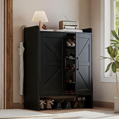 Meuble à chaussures de style campagnard à 5 niveaux en bois avec portes, étagères réglables autoportantes et système anti-basculement pour entrée, couloir et placard