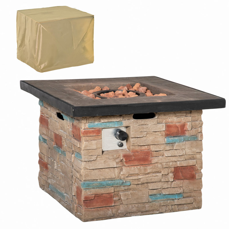 32" Outdoor Propane Gas Fire Pit Table, 50,000 BTU Auto-Ignition Square Faux Ledge Stone Gas Firepit With Lava Rocks, CSA Certification