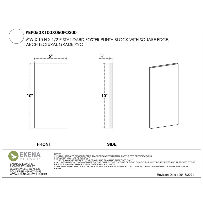 Bloc de socle standard à bords carrés l 5 po x H 10 po x P 1/2 po, H 10 po x l 5 po x p 0,5 po