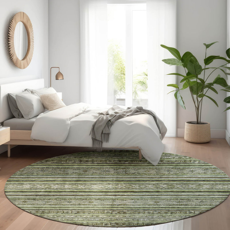 Machine Washable Indoor/Outdoor Claudian ACN1644 Olive Rug, Round 8'