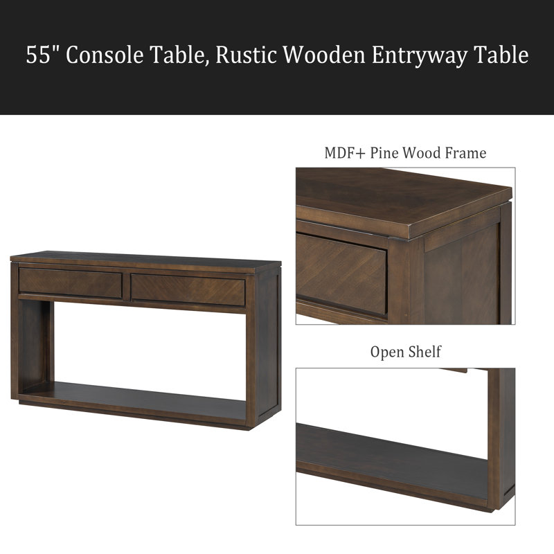 Console, table d'entrée en bois rustique avec tiroirs de rangement et tablette ouverte, table de canapé élégante pour le couloir et le salon