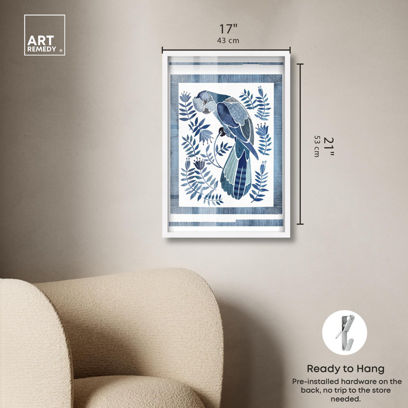 Cockatoo Chinoiserie, décor bleu, boîte-cadre par Art Remedy, H 21 po x l 17 po, Blanc