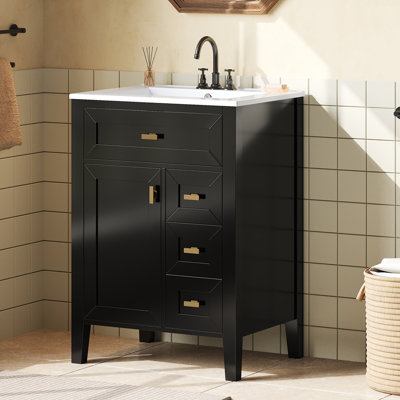 Bathroom Vanity with Sink, MDF & Rubberwood Construction, 3 Drawers & Cabinet with 2-Tier Door Storage Rack