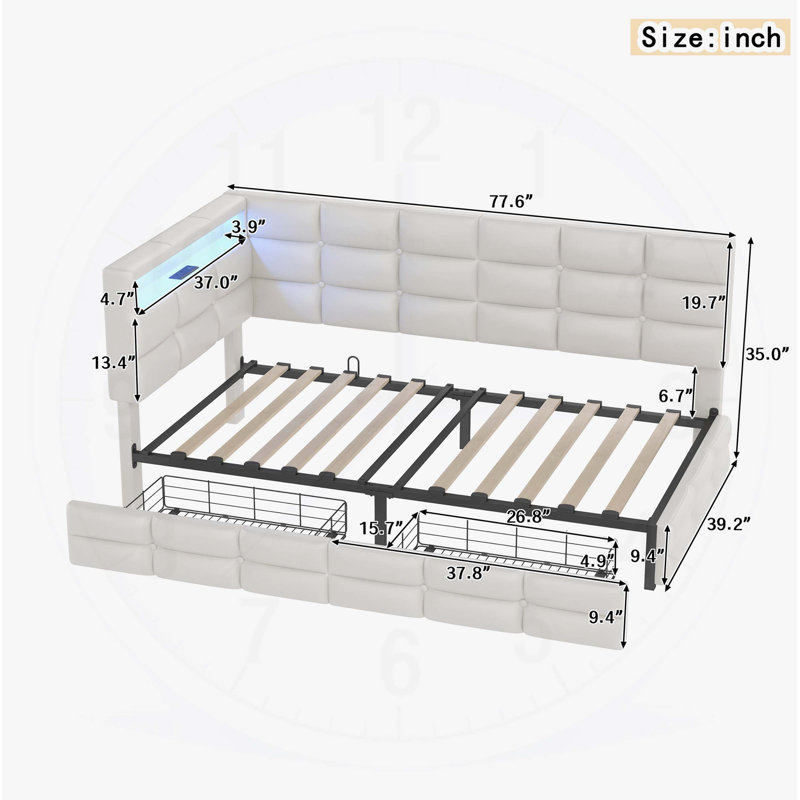 Upholstered Twin Size Daybed with Storage, Charging Station, and LED Lights, , No Box-Spring Needed, Beige