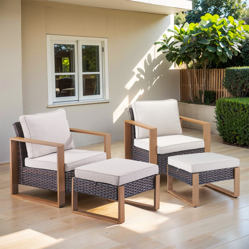 Ensemble de conversation d'extérieur 2 personnes avec repose-pieds avec coussins Allcot, Beige, Brun