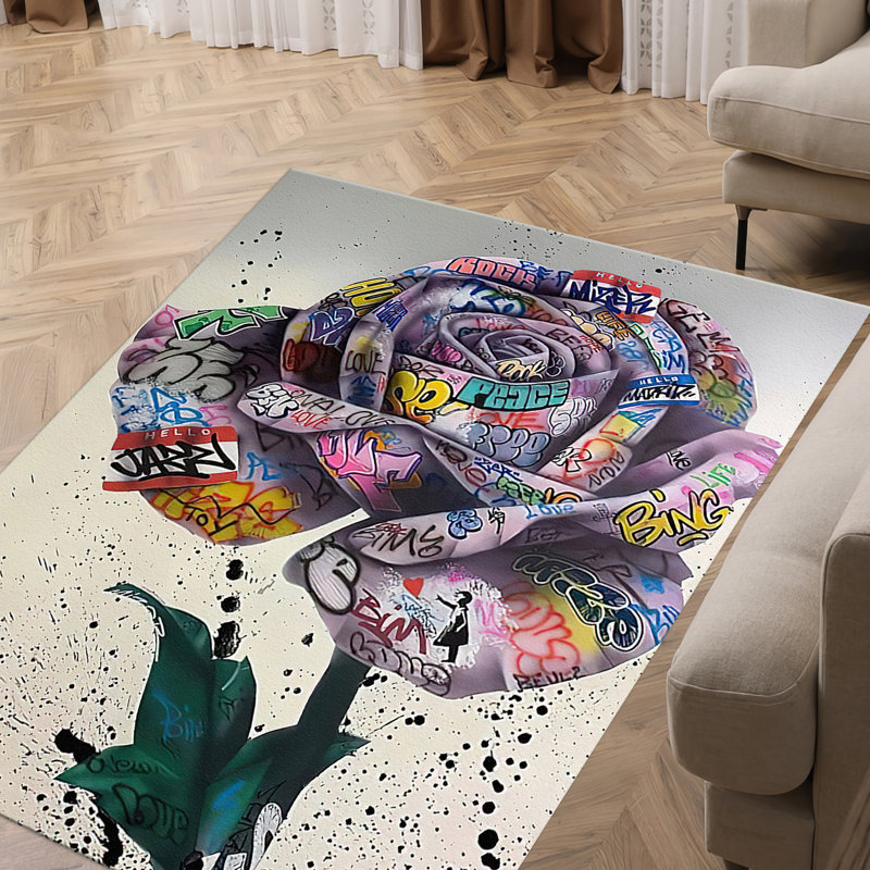 Floral Theme Non-Woven Thin Type Printed Rug with Elegant Multicolor Design Ideal for Indoor Use, Rectangle 2'8" x 3'11"