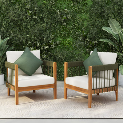 [Set Of 2] Acacia Wood Outdoor Club Chair With Handwoven Rope Accents & Curved Backrest - Water-Resistant Boho Patio Lounge Chair With Removable Cushions For Porch, Garden