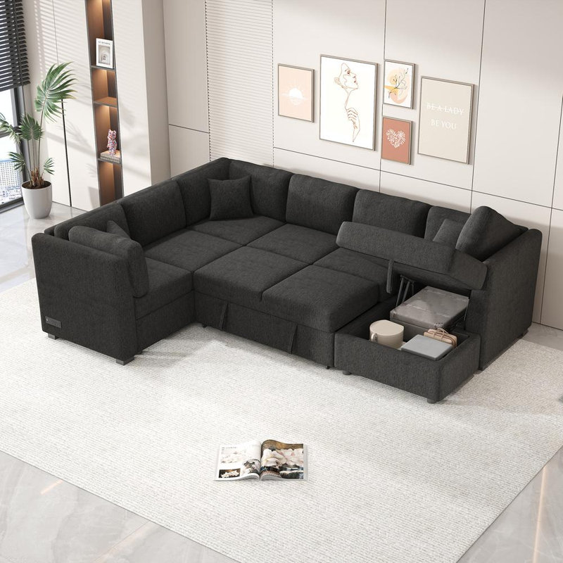 108.6" U-shaped Sectional Sofa Pull out Sofa Bed with Two USB Ports, Two Power Sockets, Three Back Pillows and a Storage Chaise for Living Room