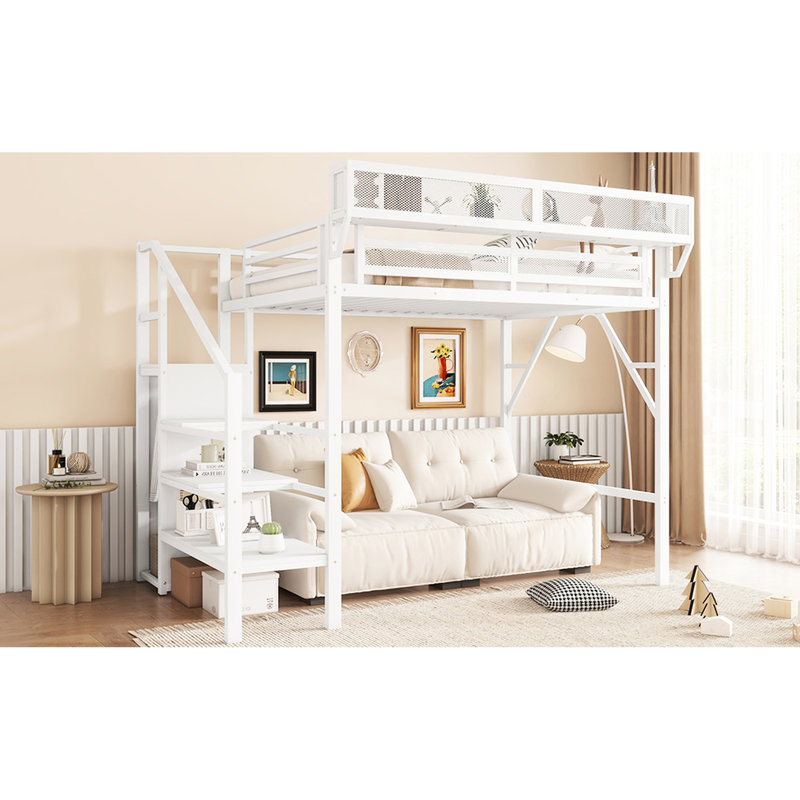 Lit mezzanine haut simple en métal avec escalier et rangement, blanc pour, 94,3 longs, 47,8 larges escaliers, garde-robe de rangement intégré, X 73,4 dimensions