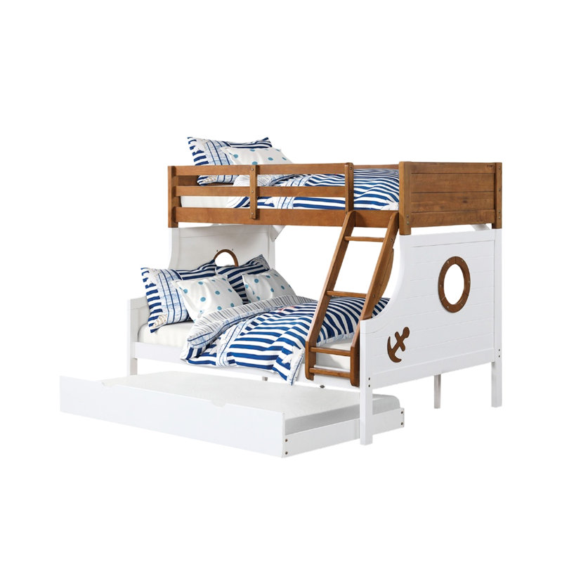 Lit superposé simple au-dessus d'un lit double moderne avec structure de joint attachée et verrouillable, couleur chêne blanc, lattes en bois de conception novatrice, lit inférieur supérieur, bois d'ingénierie massif