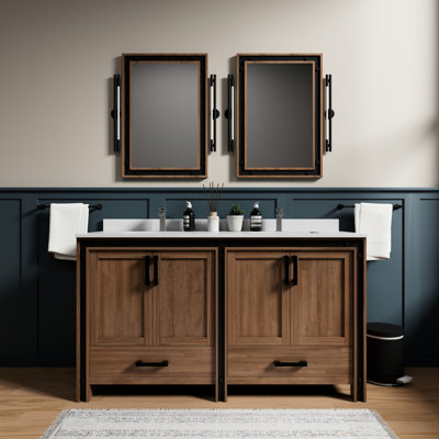60 po W Double meuble-lavabo rustique avec surface en quartz blanc et 22 miroirs - Bits à fermeture en douceur, rangement à gratter et à deux tiroirs avec plateau et système en X, comptoir à teinture, tiroir intérieur