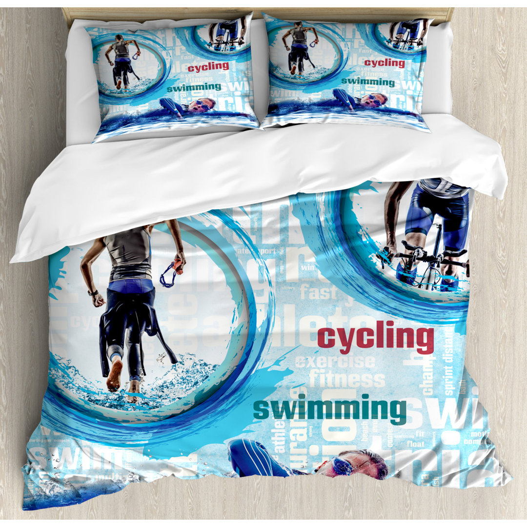 Bettbezug Set, Laufen Radfahren Schwimmen, Triathlon, Himmelblau Mehrfarbig