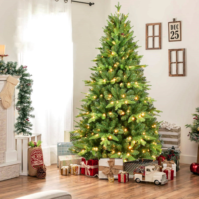 Arbre de Noël pré-éclairé avec lumières à DEL blanc chaud, arbre à charnières réaliste en PE + PVC avec support en métal, arbre de Noël artificiel complet pour la décoration des Fêtes