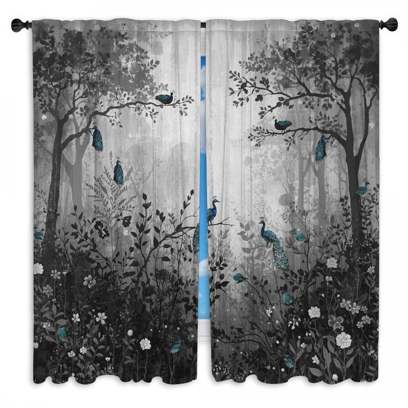 Peacocks In Forest, 80in x 82in - 2 panels, Room Darkening