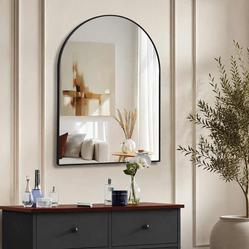 Miroir mural arqué de 76 x 102 cm (30 x 40 pouces), miroir en verre HD sans distorsion avec cadre en alliage d'aluminium antirouille, miroir décoratif arqué moderne incassable pour salle de bain, chambre et salon