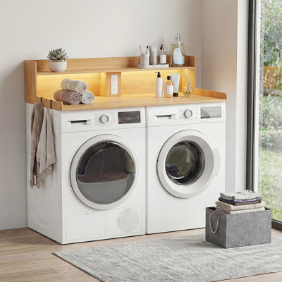 2-Tier Washer Dryer Countertop with Power Outlet, LED Lights, Foldable Storage Basket, 2 Hooks