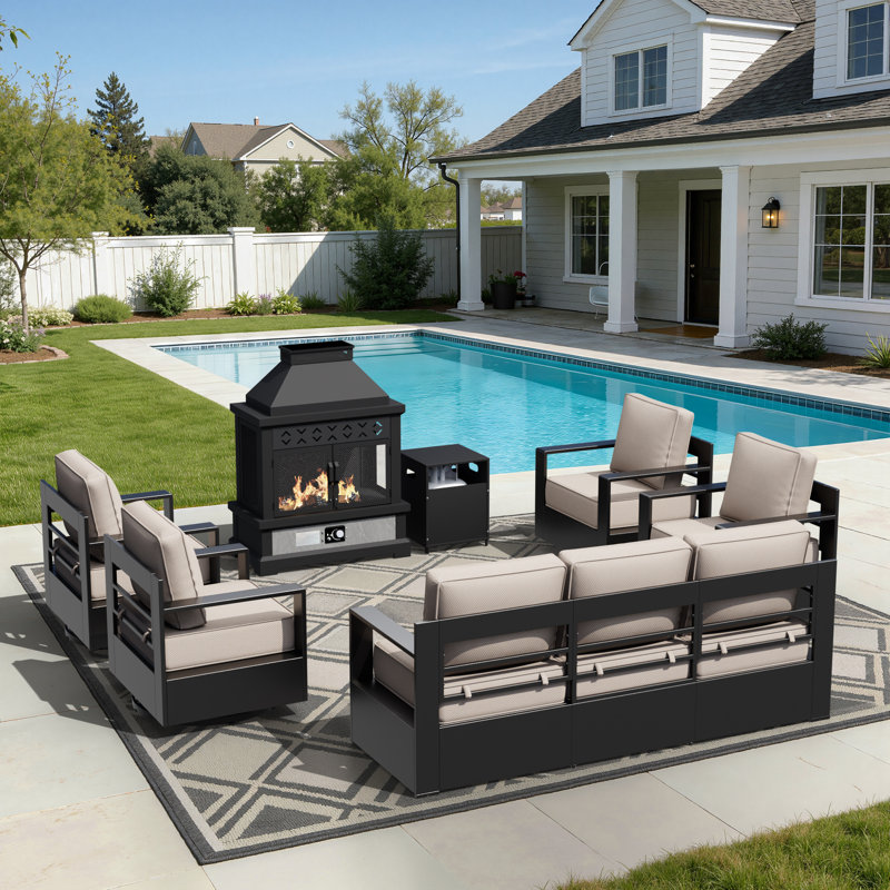 7-Seater Aluminum Patio Conversation Set with Gas Fireplace & Tank Cabinet,Beige Cushioned Sofa & Chairs, Beige