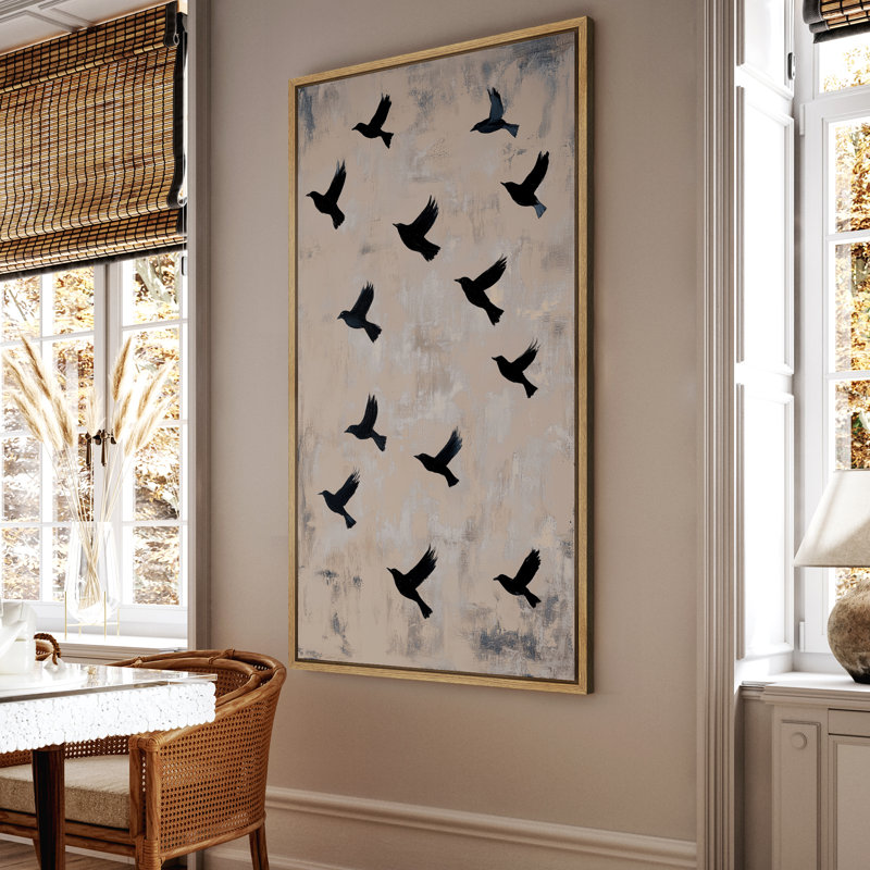 «Black Bird Silhouettes in Flight» sur fond beige - reproduction d'art sur toile encadrée, H 60 po x l 30 po x P 1,5 po