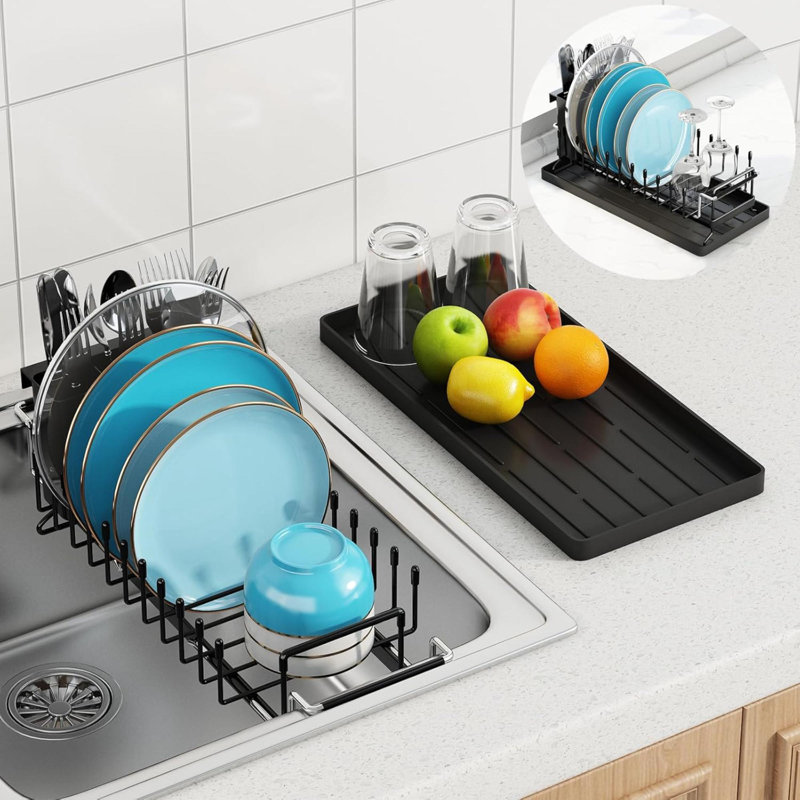 Dish Drying Rack  Expandable Dish Rack Over With Silicone Drying Tray Dish Drainer For Kitchen Counter With Cutlery Holder Drying Rack Fit For