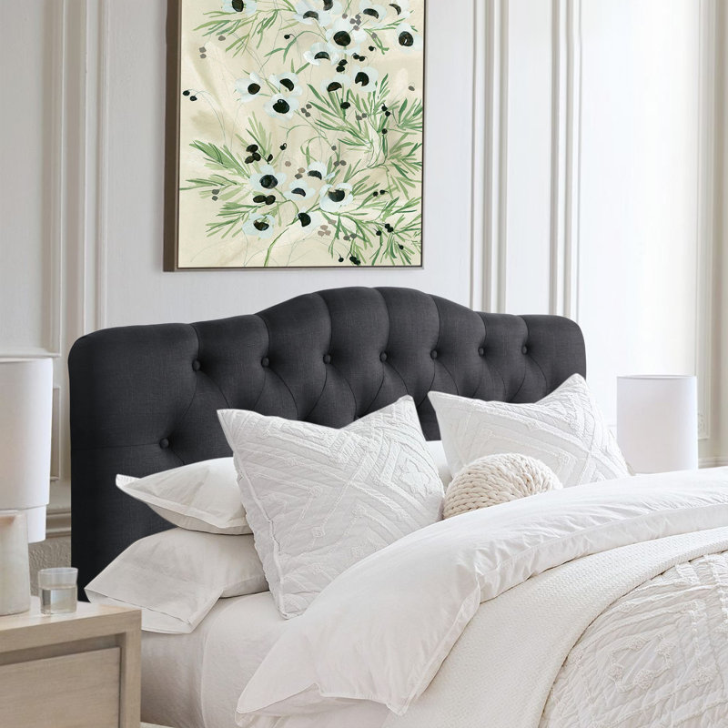 Adjustable Height Headboard with Linen Upholstery and Button Tufting for Bedroom, Queen, Dark Gray