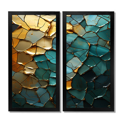 Abstrait bleu sarcelle or calcaire cristallin - art mural grand marbre, impression sur toile abstraite bleu sarcelle 2 panneaux