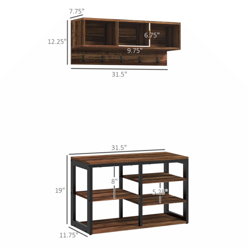 2-In-1 Coat Rack Shoe Bench Set, 5-Hook Hall Tree With Bench And Shoe Storage For 10 Pairs Of Shoes For Entryway, Hallway, Brown
