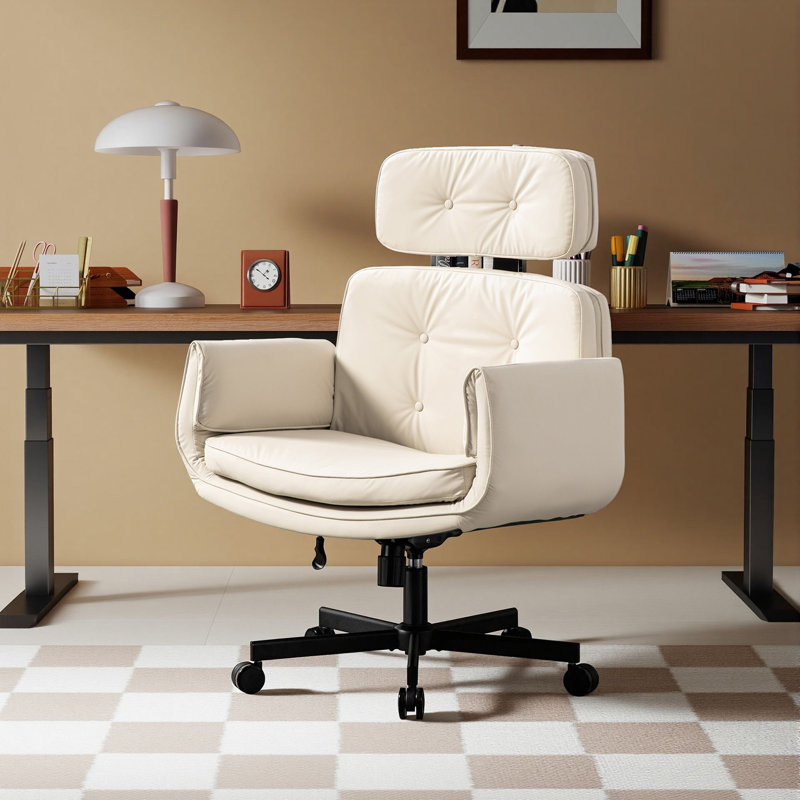 Criss Cross Chair With Armrests Pu Leather Vanity Chair Swivel Computer Office Desk Chairs For Home, Make Up, Bed Room, Beige