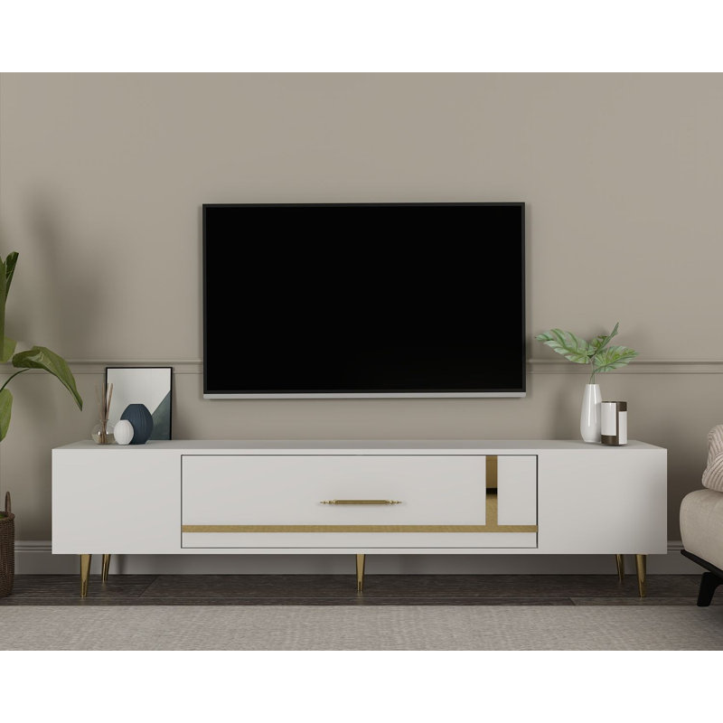 Meuble télé Catena moderne avec capacité de fixation murale, blanc et or, 59,1 po x 19,0 po x 11,6 po | 100% panneau de particules enduit de mélamine, hauteur des pieds 5,9 pouces | Design élégant et fonctionnel pour le salon et les espaces de divertissement