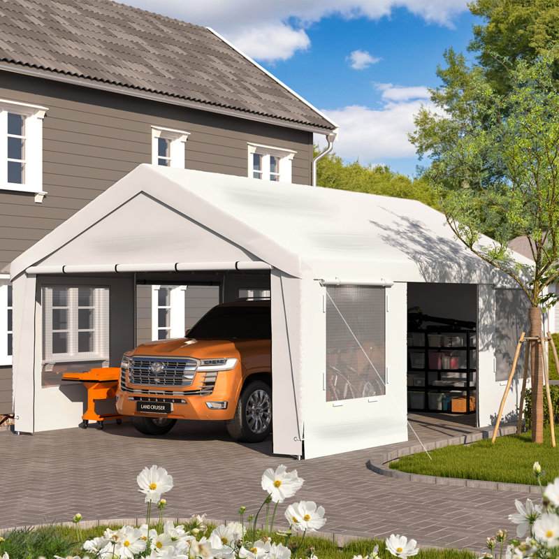 12' X 24' Heavy Duty Carport With Roll-up Windows & Removable Sidewalls -  All-season Shelter For Vehicles, White, White
