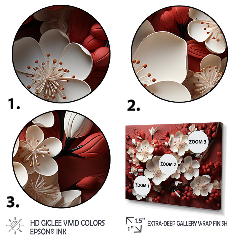 White And Red Orchid Flower Branches IV - Abstract Floral Wall Art, 12" H x 20" W x 1" D, Gold Floater Framed