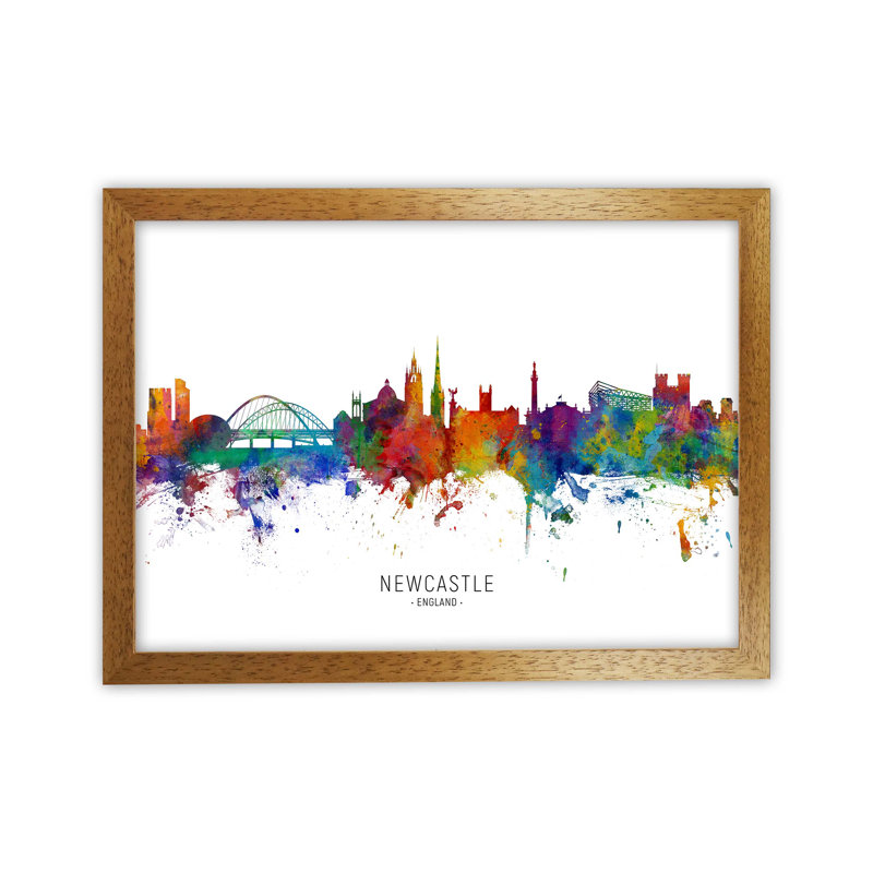 Newcastle England Skyline by Michael Tompsett - Print, Brown Framed, 46cm H x 63cm W x 3cm D