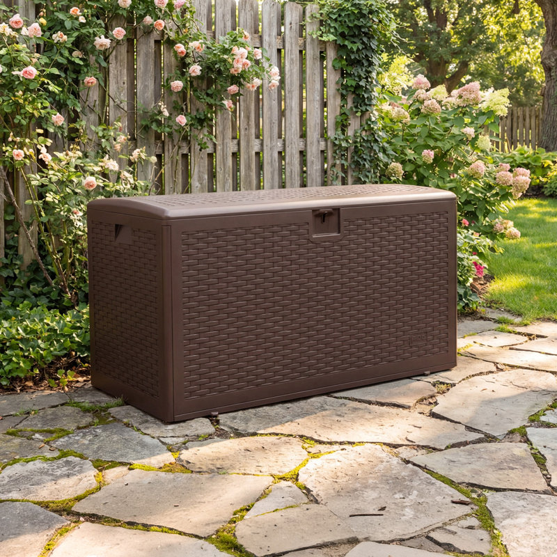 99 Gallon Waterproof Resin Deck Box, Lockable Outdoor Storage Container for Patio & Pool, Brown, 99 Gallons