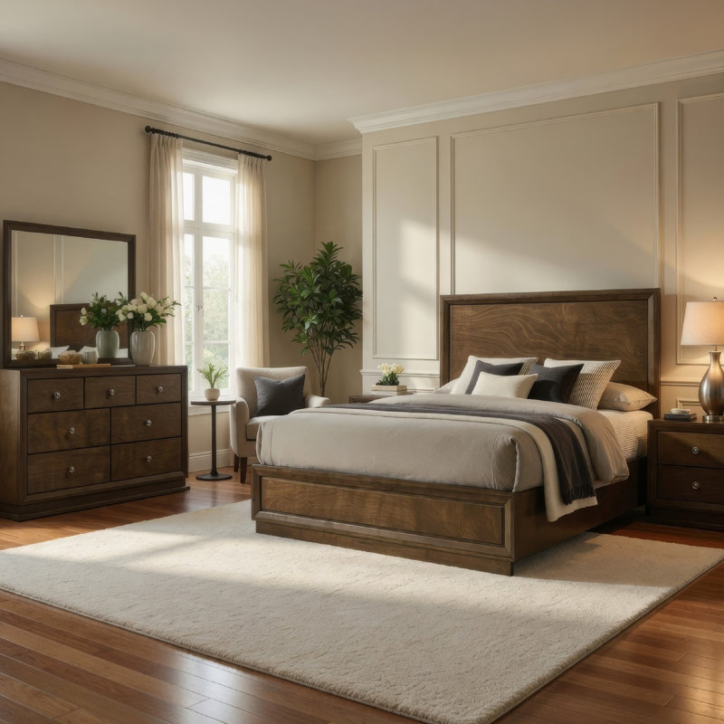 Ensemble de chambre avec grand lit 4 pièces Rouk, bois brun noyer, bronze, Quatre pièces : lit, commode, miroir et table de
