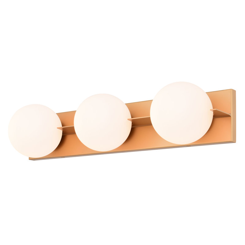 Kristan 3-Light 24 inch Wide Satin Brass Gold Mid-Century Modern Bathroom Vanity Lighting Fixture, Frosted Opal Glass Shade, Dimmable LED Compatible Over the Mirror Wall Mounted Full Backplate