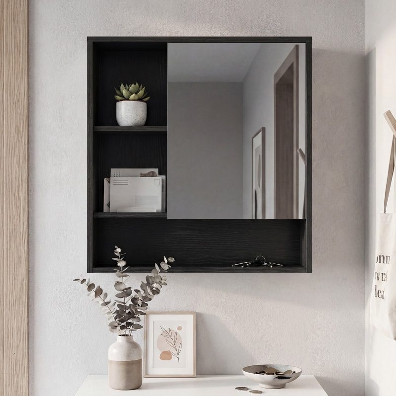 Bathroom Wall Mirror Cabinet Space-saving Wall Mounted Wooden Storage Cabinet w/ 3 Open Shelves, Black