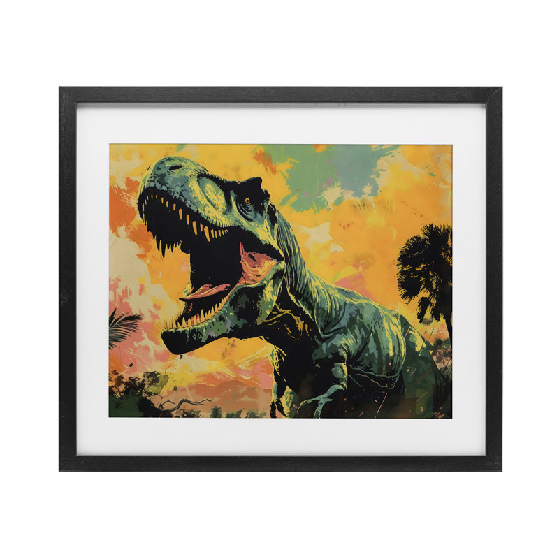 «Roaring Dinosaur At Sunset», reproduction encadrée sous verre, design by Creative Studio, H 17 po x l 21 po