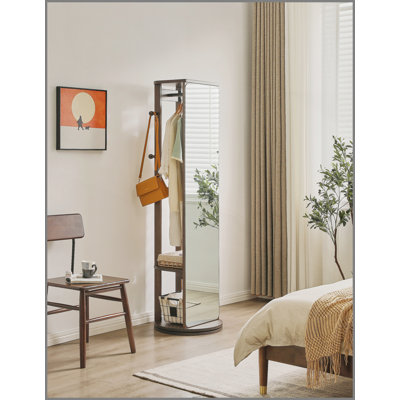 Solid Rubberwood Rotating Full-Length Mirror Cabinet, Freestanding Jewelry Armoire with Multi-Functional Hooks and Shelves for Bedroom & Closet